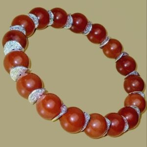 AAA Carnelian Beaded Stretch Bracelet with Brushed Sterling Silver Accents